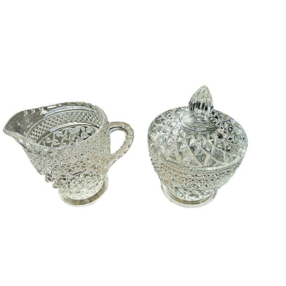 Anchor Hocking Wexford Crystal Clear Cut Glass Cream & Sugar Set Vintage - Picture 14 of 16